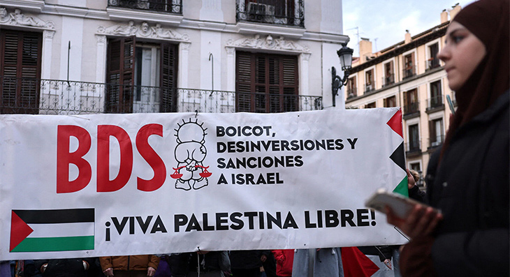 Illustrative: Protesters hold a banner reading ‘BDS’ (Boycott, Disinvestment, Sanctions) during an anti-Israel rally in support of Palestinians in the Gaza Strip, in Madrid, Spain, March 1, 2024.