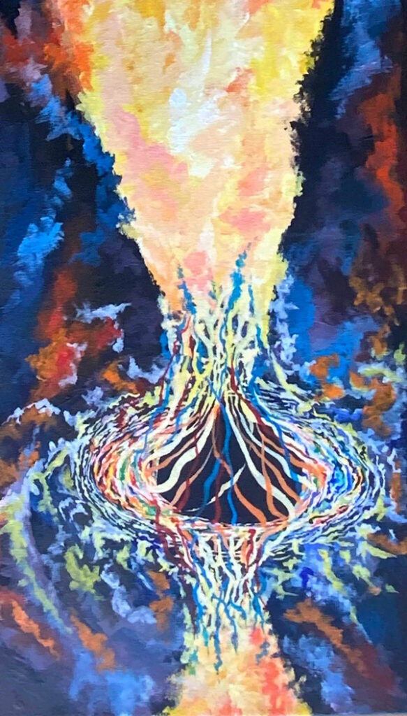 A painting by Paz Beniamini of an extreme event in the universe.