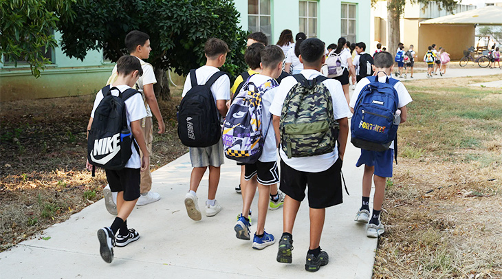Israeli students arrive at their first day of school at Lev Ha’Emek School in Neot Mordechai, northern Israel, September 1, 2024.